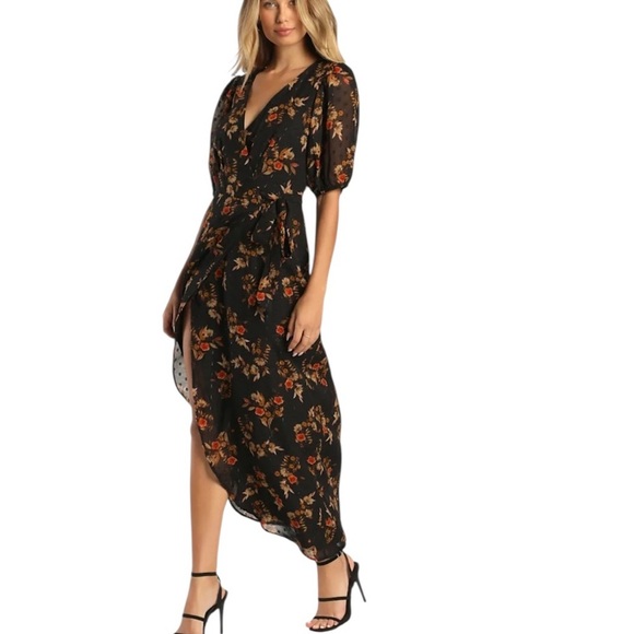 NEW Lulus Black Floral Wrap Dress S Autumnal Coquette Feminine Flirty Romantic - Picture 4 of 15
